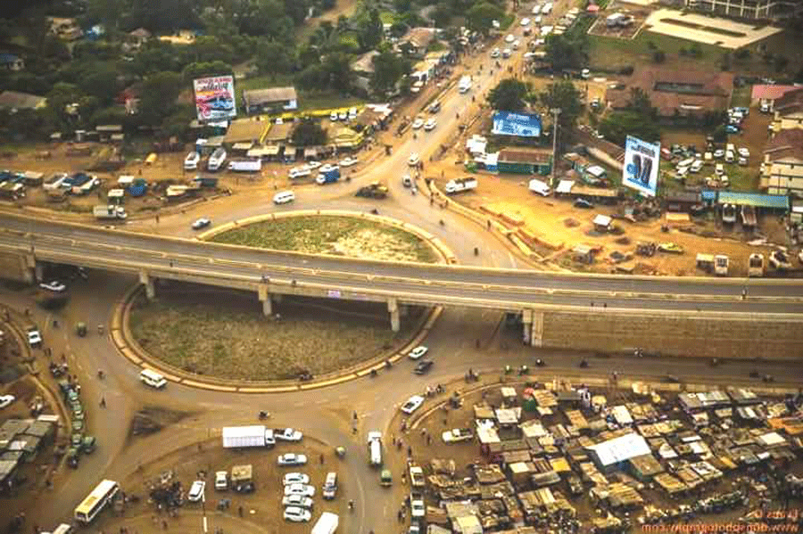 An Aerial View of Kondele in Kisumu, Kenya. The coffin-making kiosks are to the bottom right and the Referral Hospital is just beyond the top left. The professional Mourners’ station (they call it ‘base’) is some metres on the left along the flyover