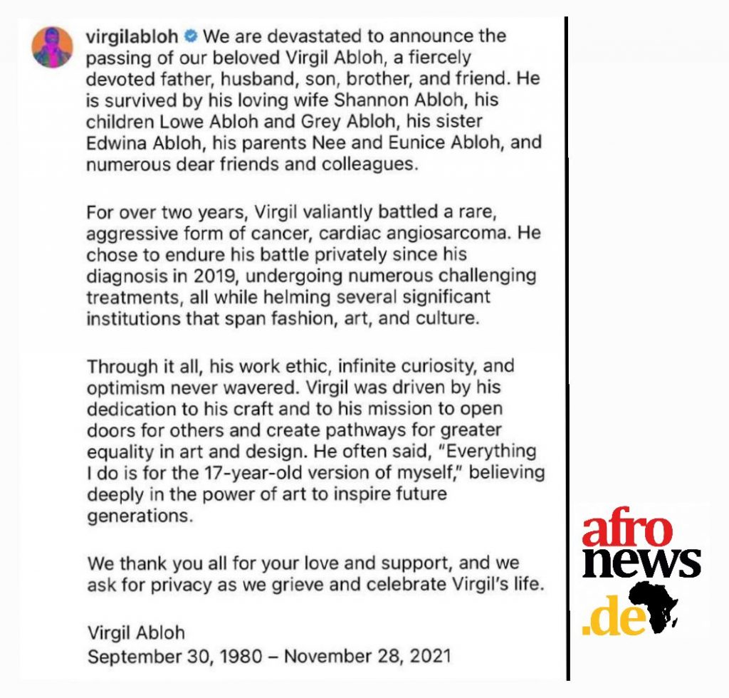 Ghanaian-American designer Virgil Abloh dies at 41 after battle with rare  form of cancer - Face2Face Africa